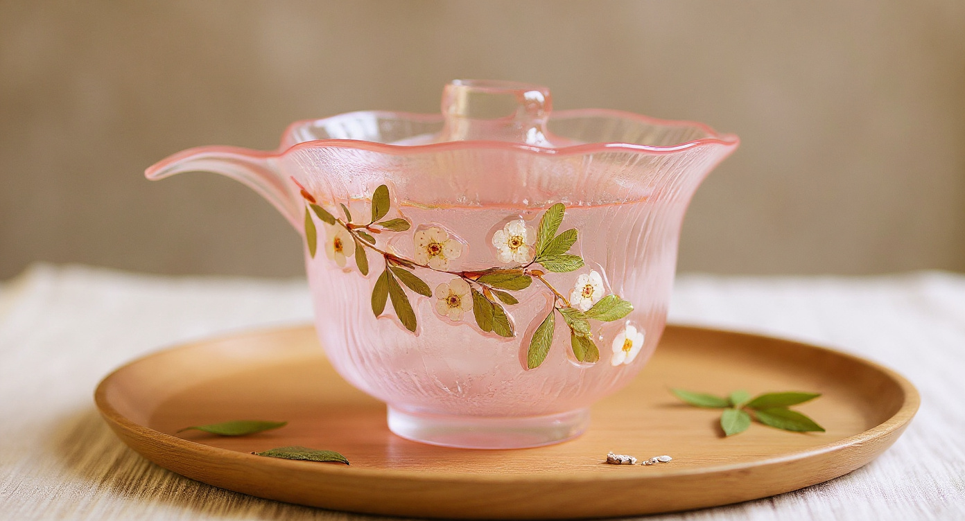 Handmade Pink Pearl Plum Blossom Glass Tea Cup with teapot and dried blossom stems on linen