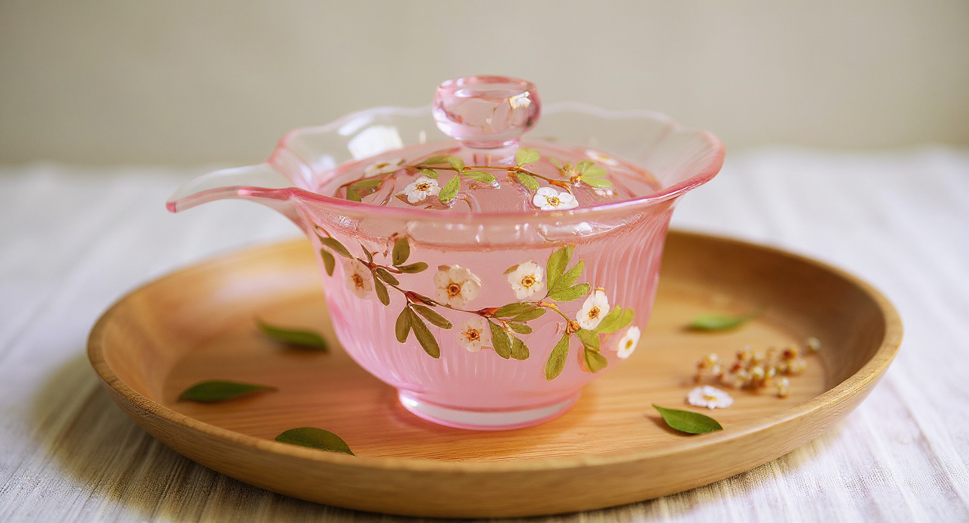 Handmade Pink Pearl Plum Blossom Glass Tea Cup on tray with dried flower press book and teapot