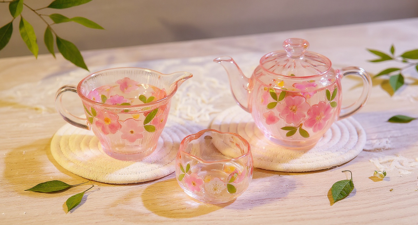 Handmade Sakura Glass Tea Set flat lay with dried petals and cream linen
