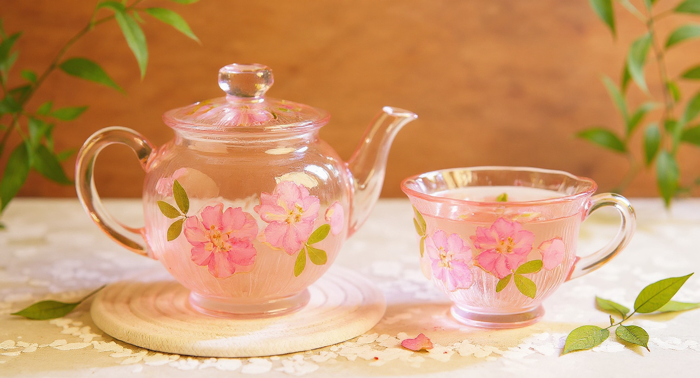 Handmade Sakura Glass Tea Set with loose leaf tea and blossom branches