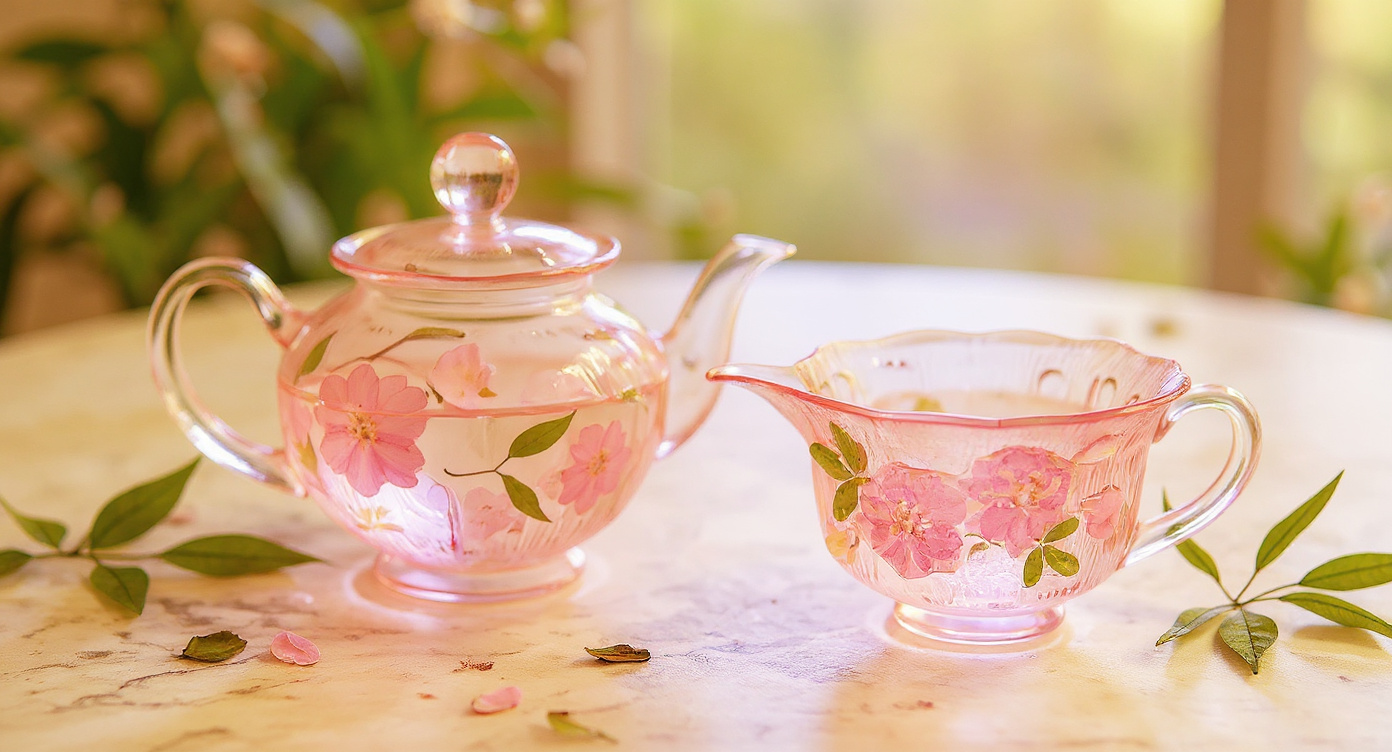 Handmade Sakura Glass Tea Set on white stone slab with linen