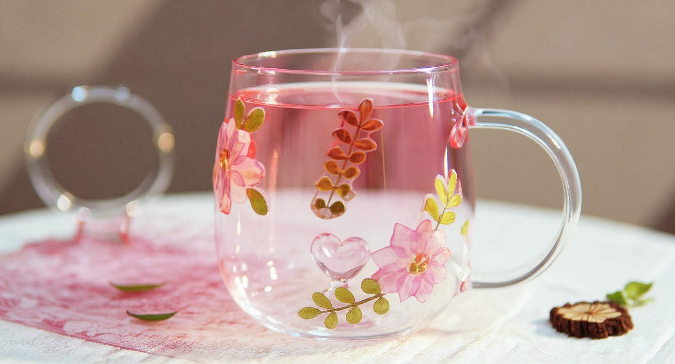 Macro of Handmade Pressed Flower Glass Mug 400ml Eco-Friendly Floral Tea Coffee Cup Gift showing raised flower texture