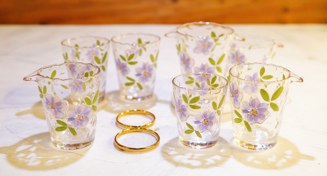 Overhead view of handmade hammered glass tea set with real pressed flowers and gold rim on linen.