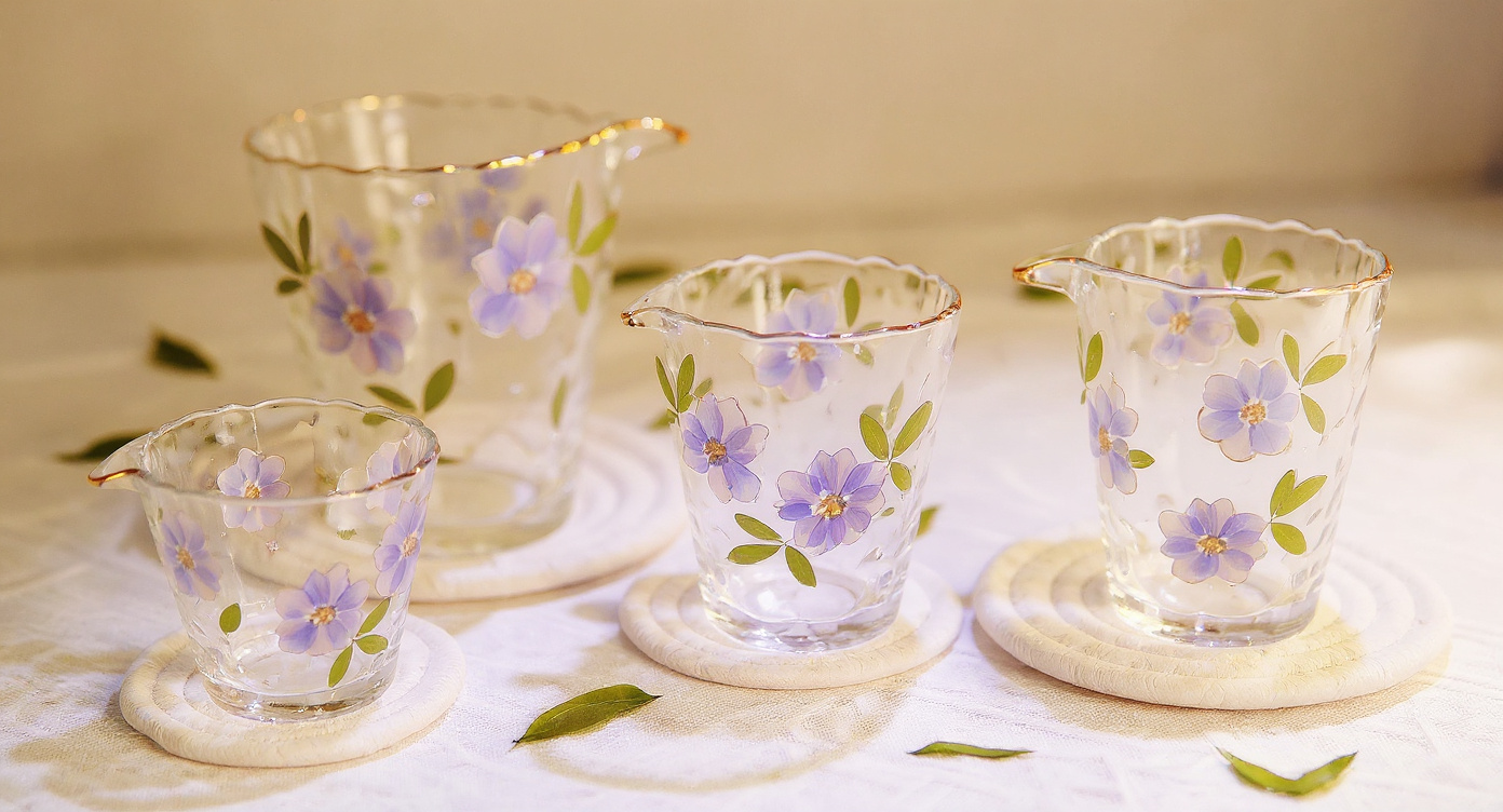 Handmade hammered glass gaiwan and fair cup with real pressed flowers on marble with incense.