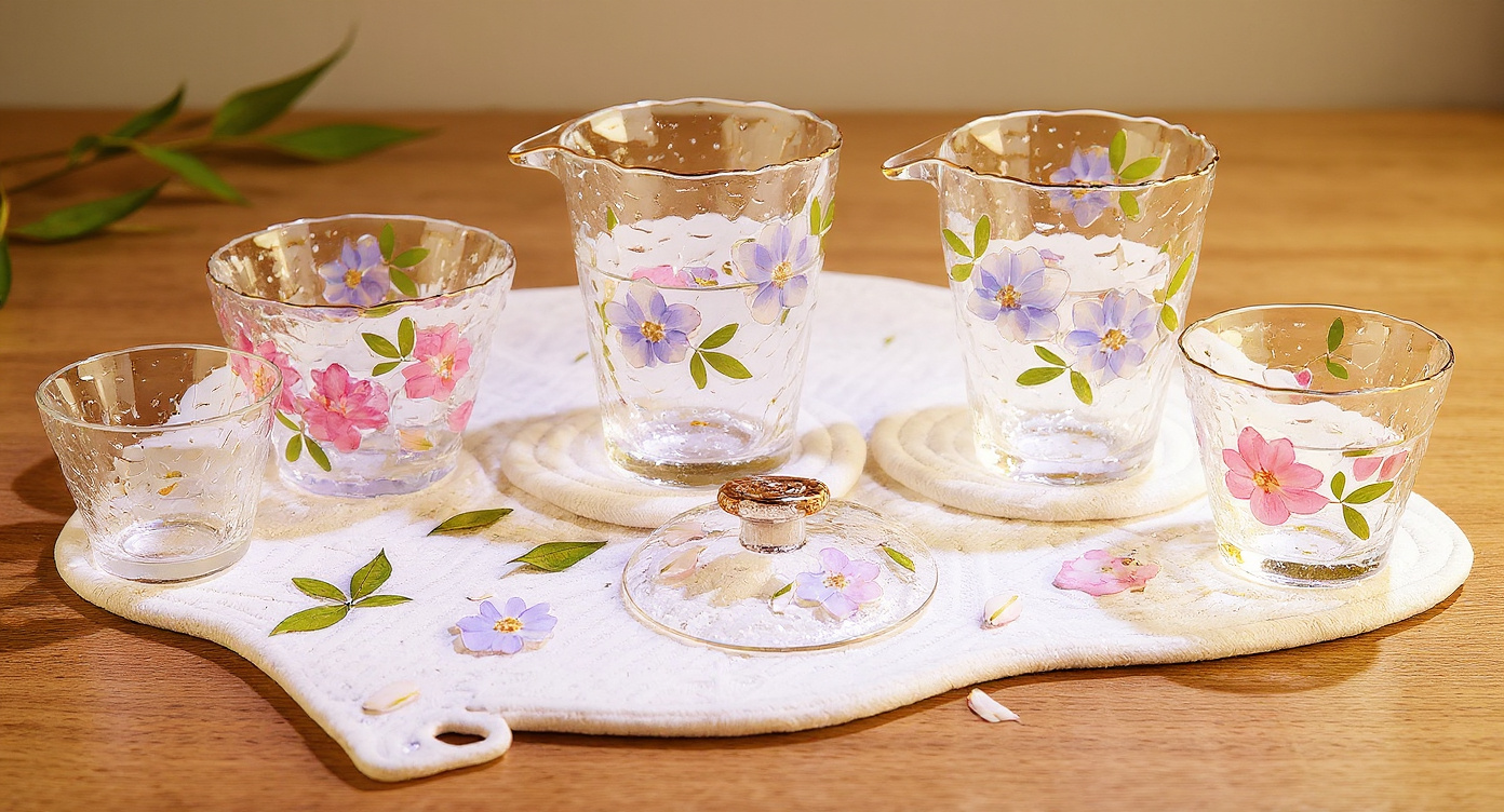 Six tasting cups with hammered glass gaiwan real pressed flowers gold rim on wood tray.
