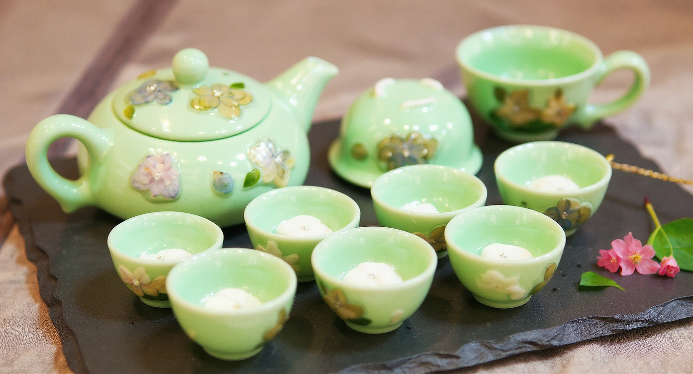 Close-up of handmade celadon teapot showing real pressed winter jasmine petals in glossy glaze.