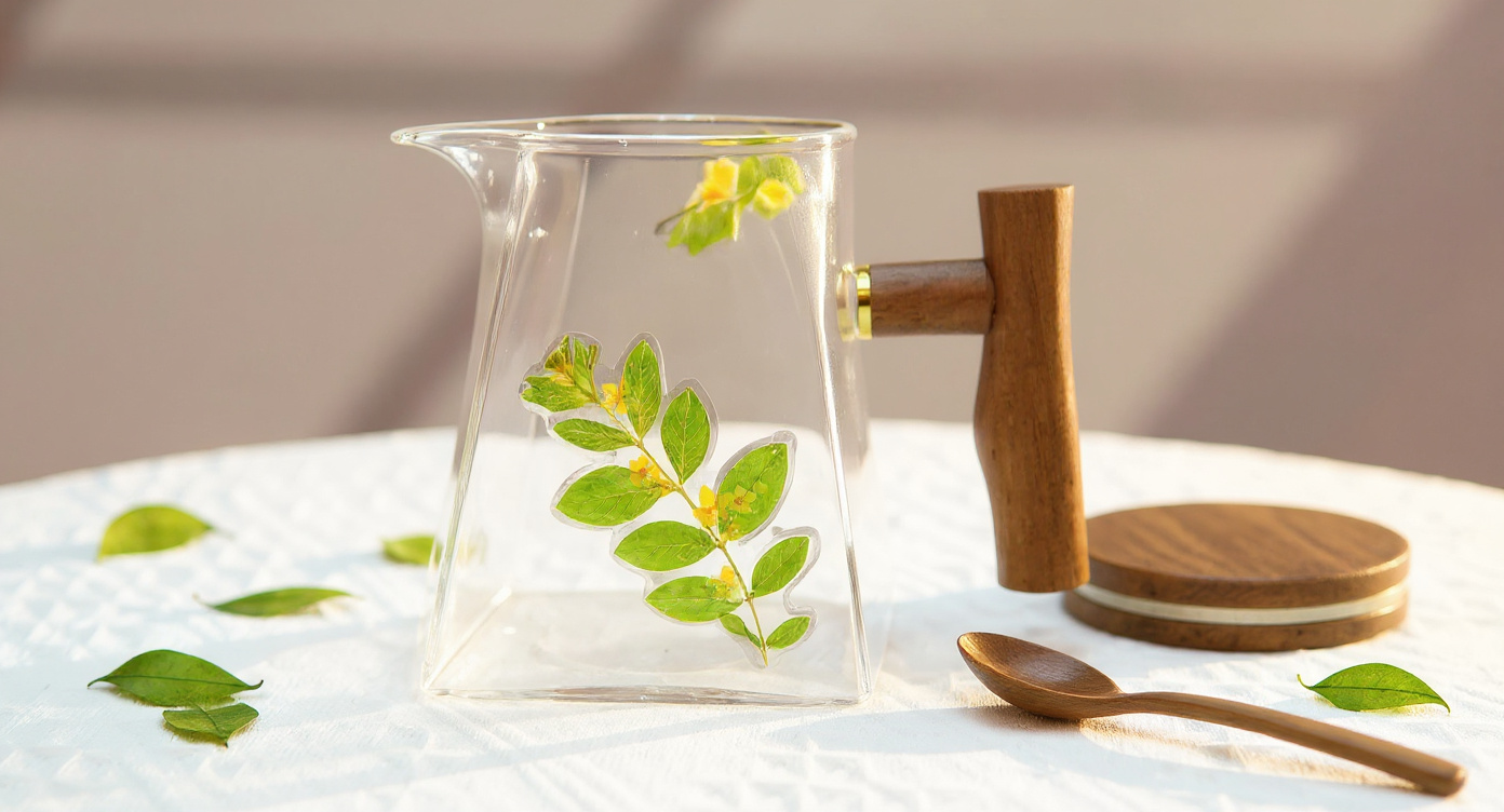 Handmade Pressed Flower Glass Mug with Walnut Handle and herbal tea on sage linen.