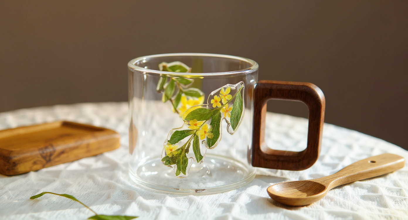 Overhead view of Handmade Pressed Flower Glass Mug with Walnut Handle and matcha.