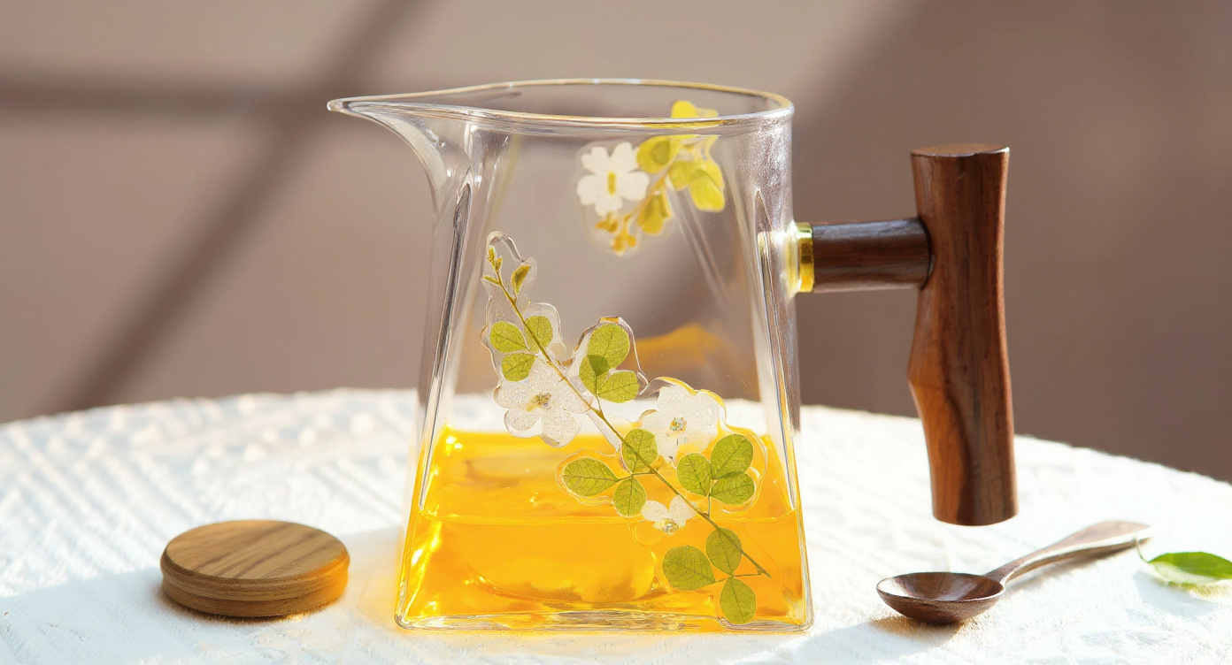 Handmade Pressed Flower Glass Mug with Walnut Handle on ceramic tray near botanical journal.