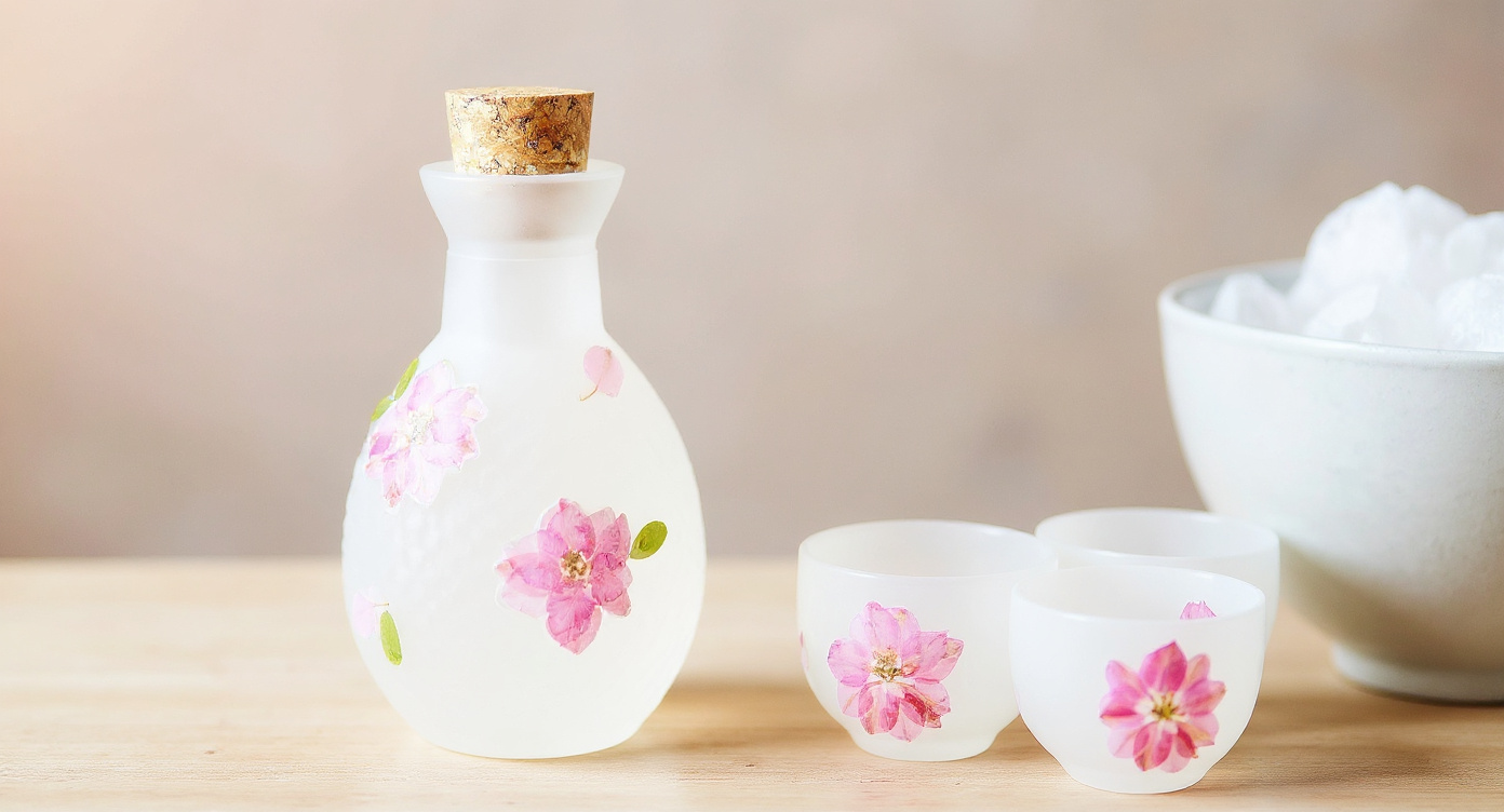 Frosted sake carafe with real pressed cherry blossom petals and sake cups on linen