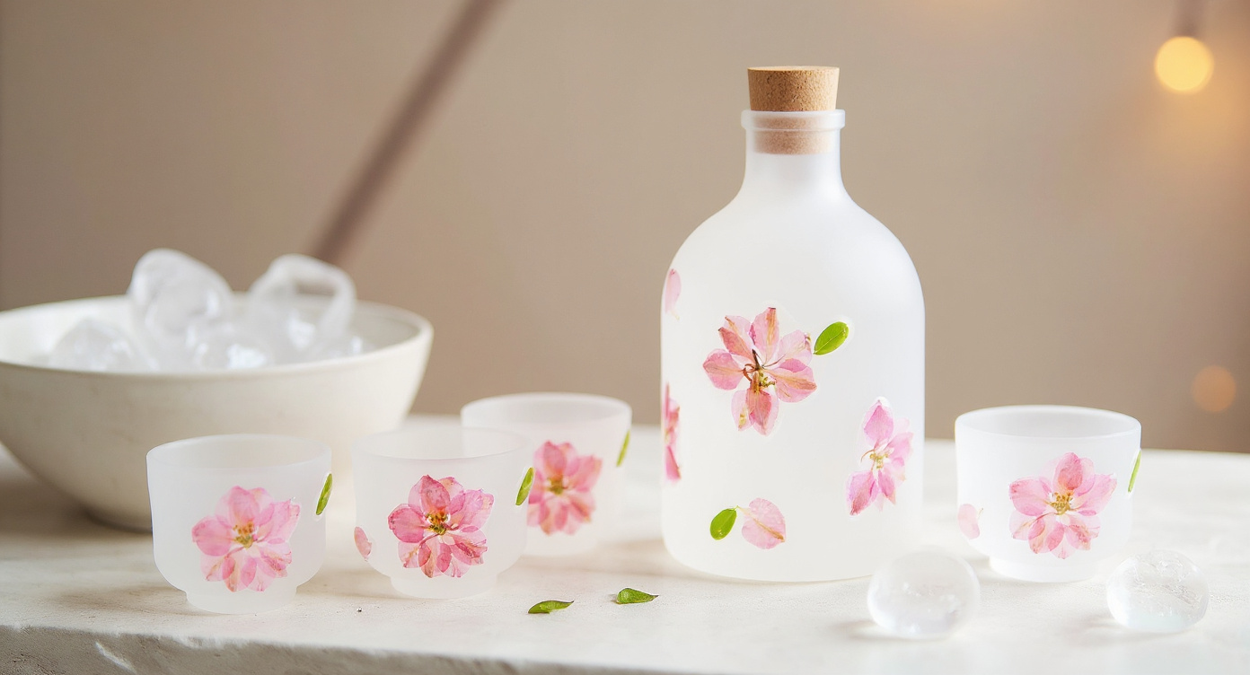 Handmade frosted sake set with chiller bowl and pressed cherry blossoms in flat lay
