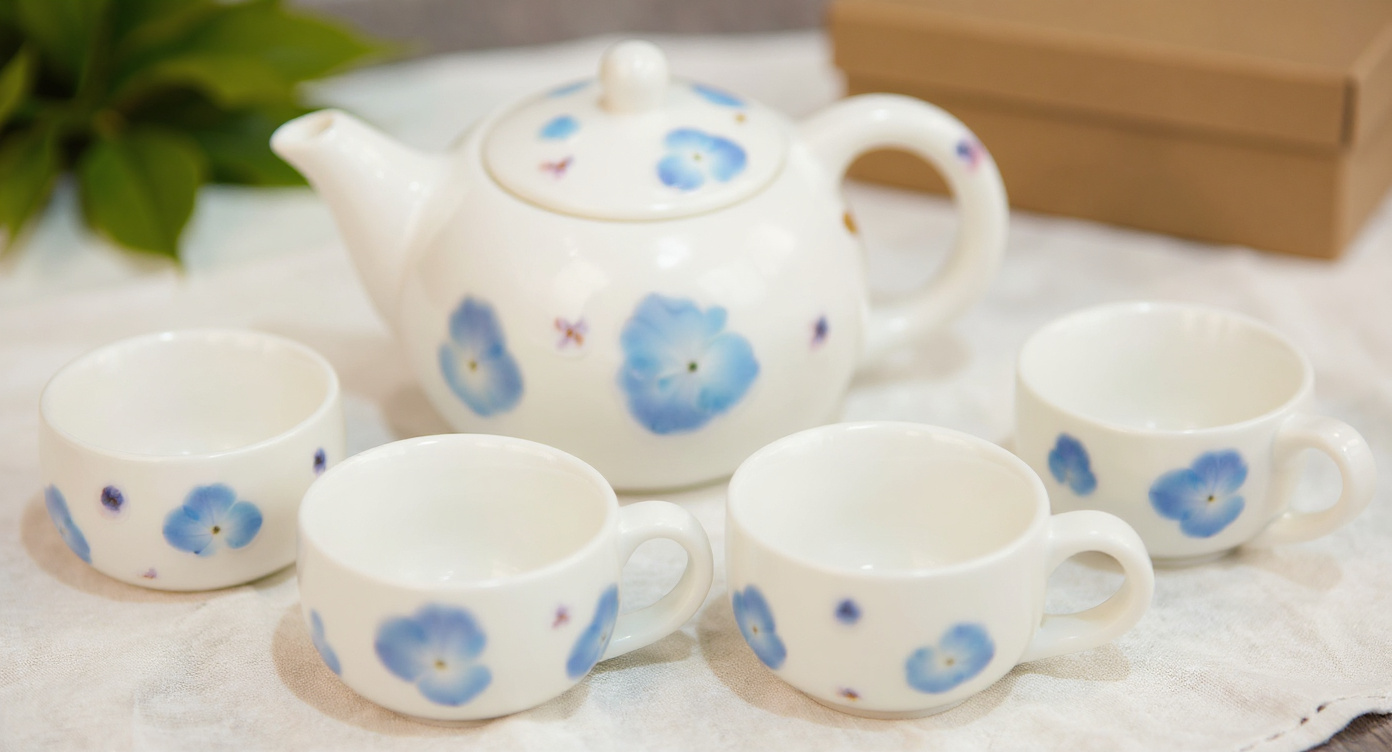 Close-up of Handmade Porcelain Tea Set cup with real pressed blue hydrangea petals.