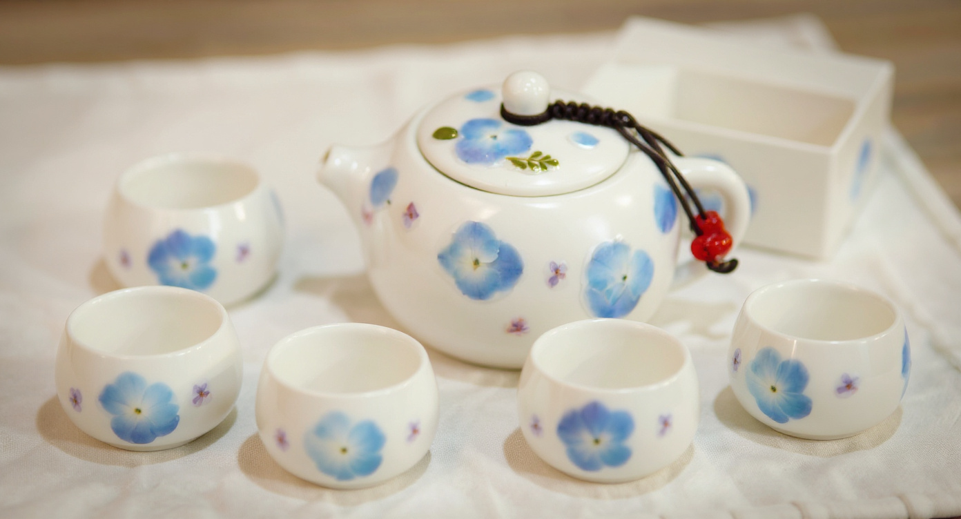 Handmade Porcelain Tea Set Real Pressed Blue Hydrangeas with gift box and calligraphy card.