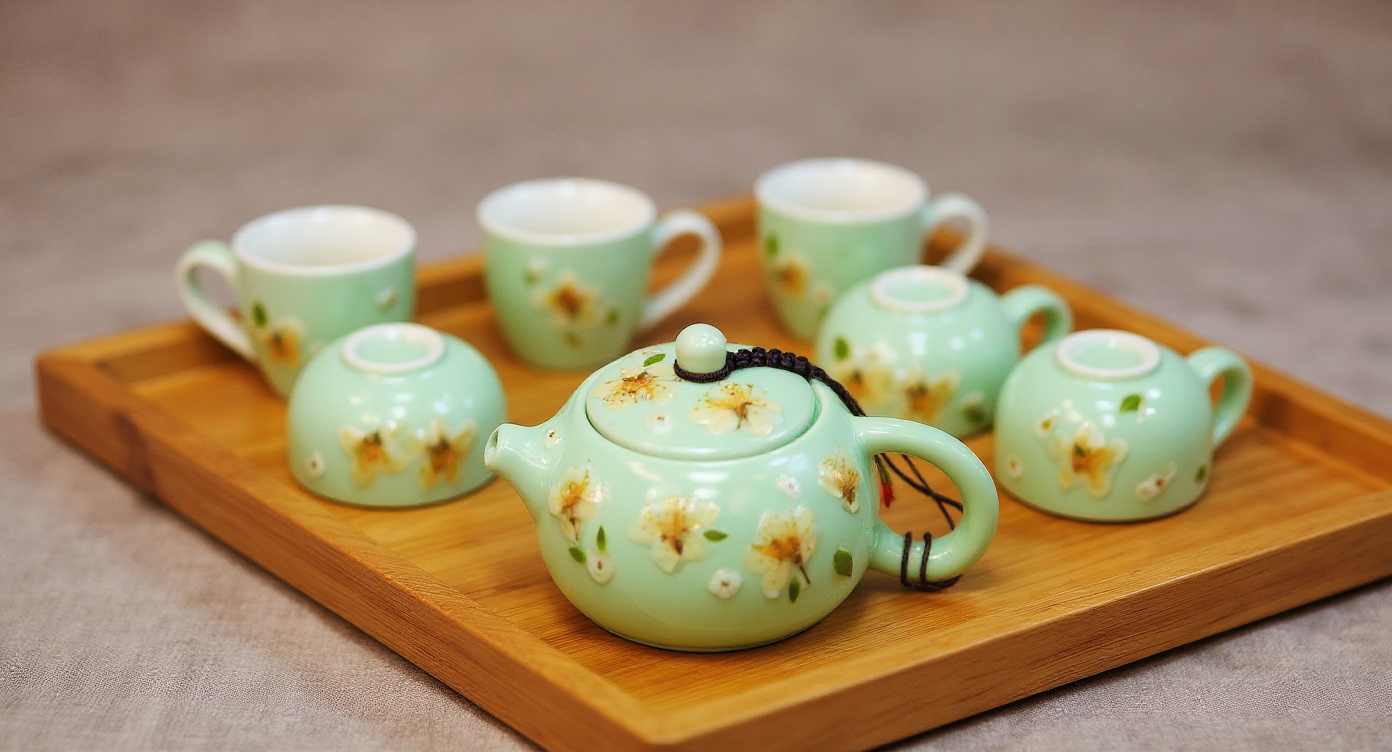 Close-up of handmade celadon teapot showing real pressed jasmine petals