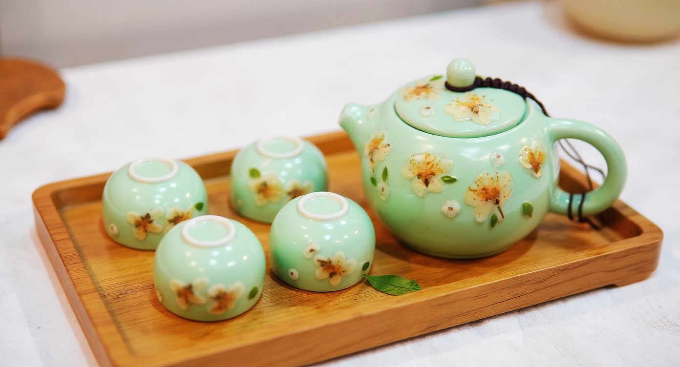 Handmade Celadon Tea Set with oolong tea and jasmine sprig on wood tray