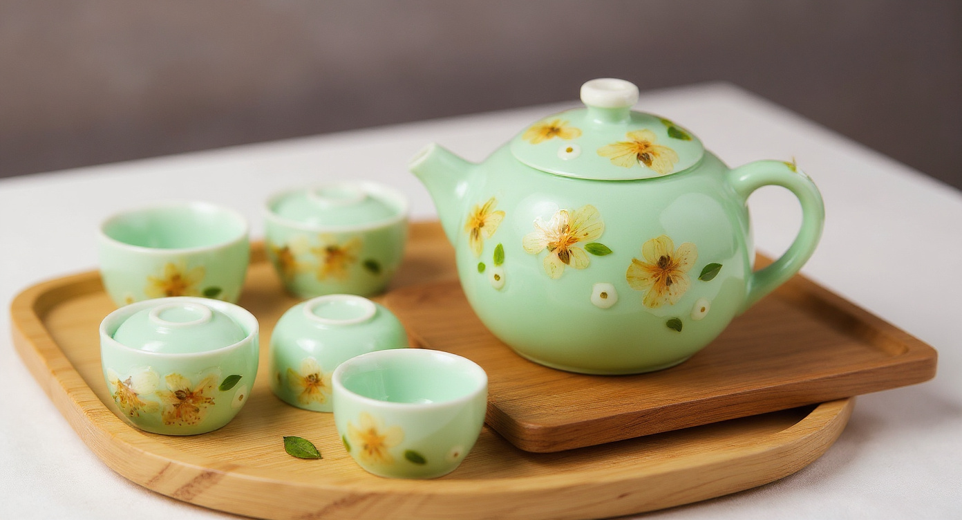 Handmade Celadon Tea Set with bamboo tray, pebbles, moss, and incense
