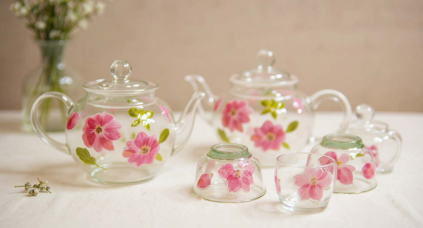 Handmade Pressed Flower Glass Tea Set teapot and cup with loose-leaf tea, dried petals on oak surface