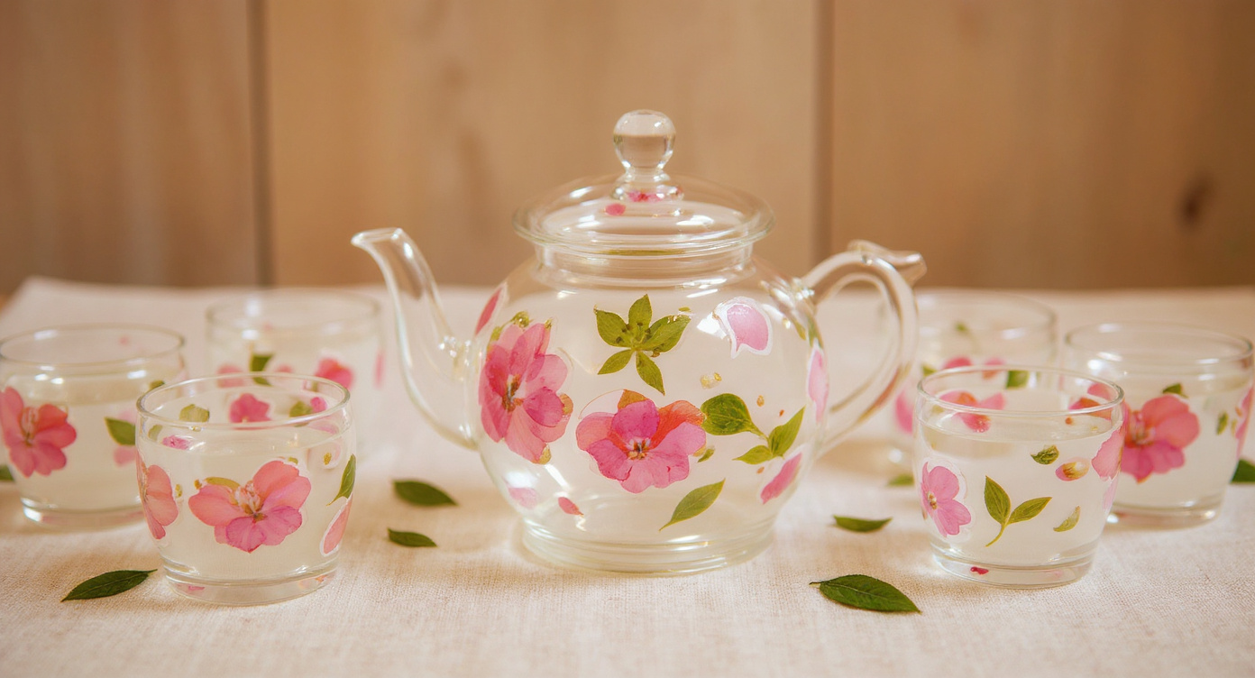 Handmade Pressed Flower Glass Tea Set with six cups displayed on wooden shelf with linen runner and lavender