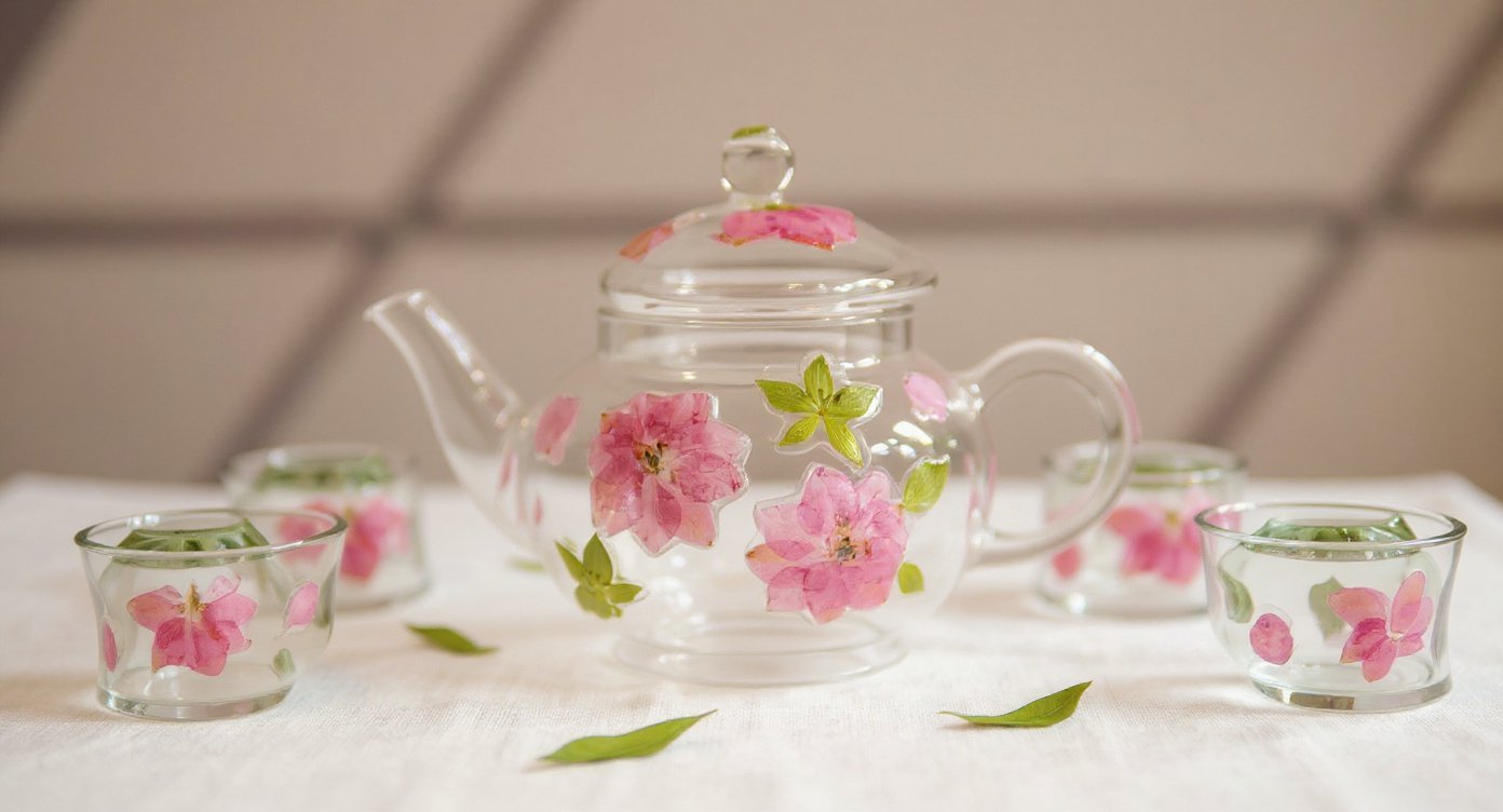 Handmade Pressed Flower Glass Tea Set teapot and cups flat-lay with eucalyptus and flower petals on cotton runner