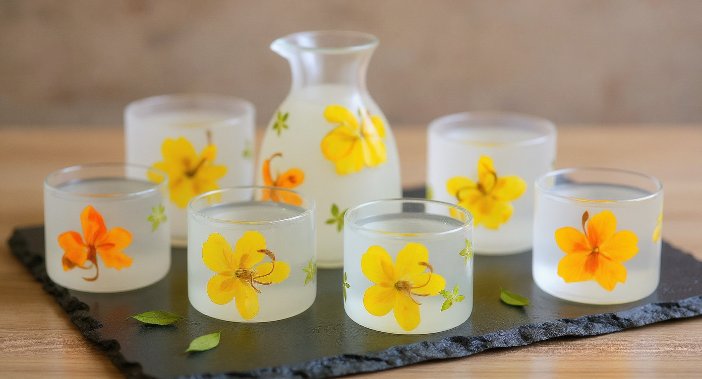 Handmade Pressed Flower Sake Set on dark slate with dried flowers and candlelight