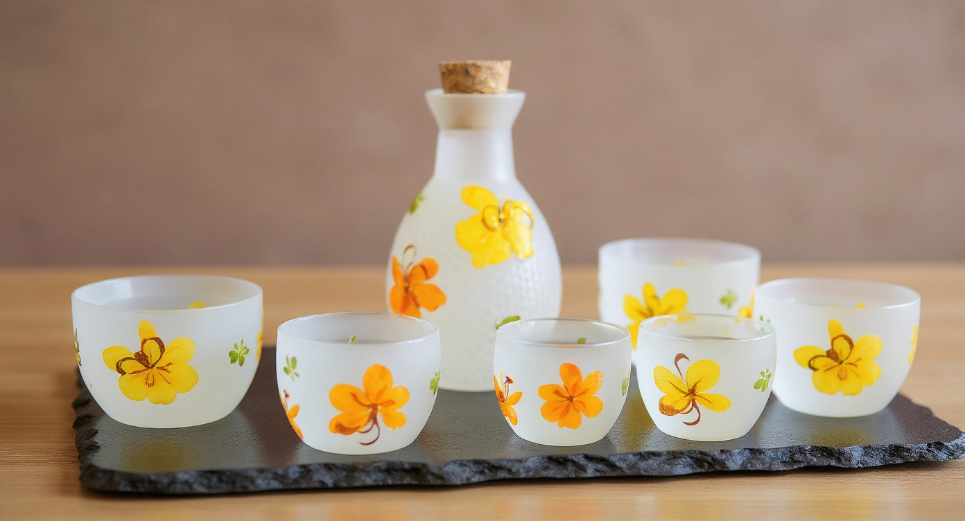 Handmade Pressed Flower Sake Set on bamboo tray with washi placemat and pampas grass