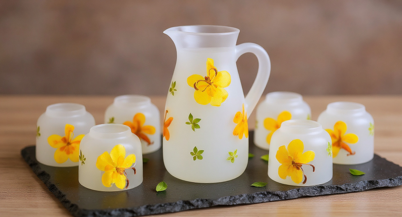 Handmade Pressed Flower Sake Set with serving cup and tasting cups on marble