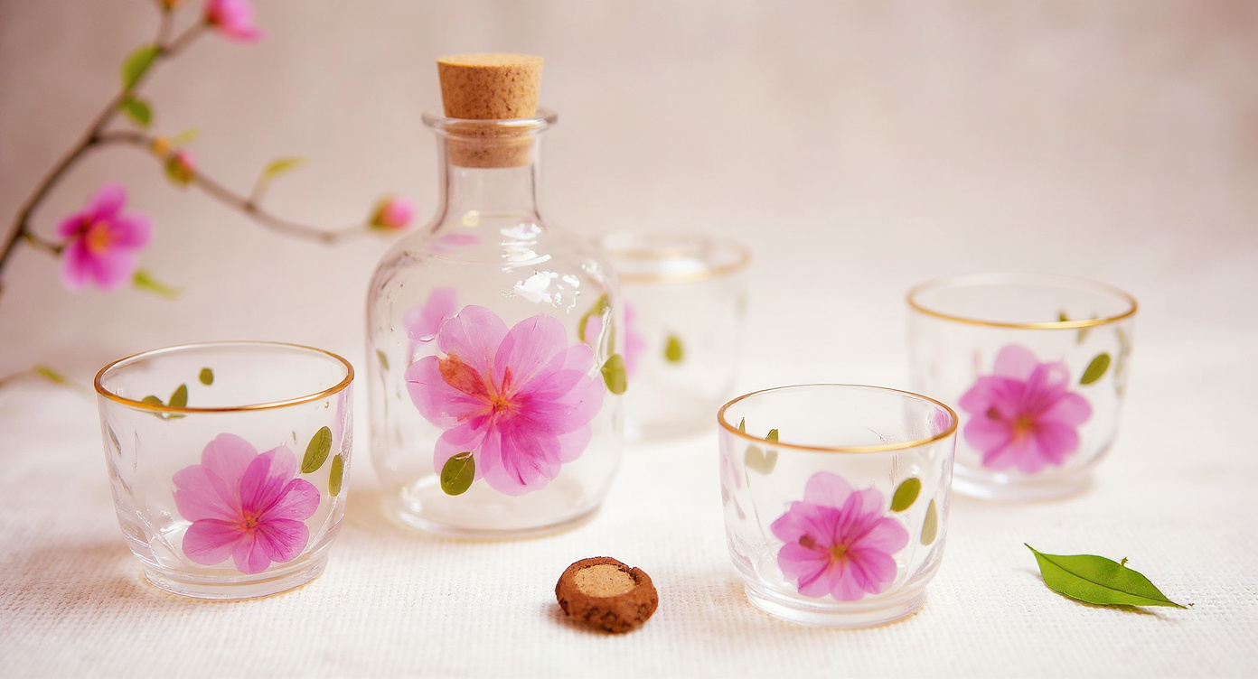 Gold rim glass cup with real peach blossom petals on sage linen.