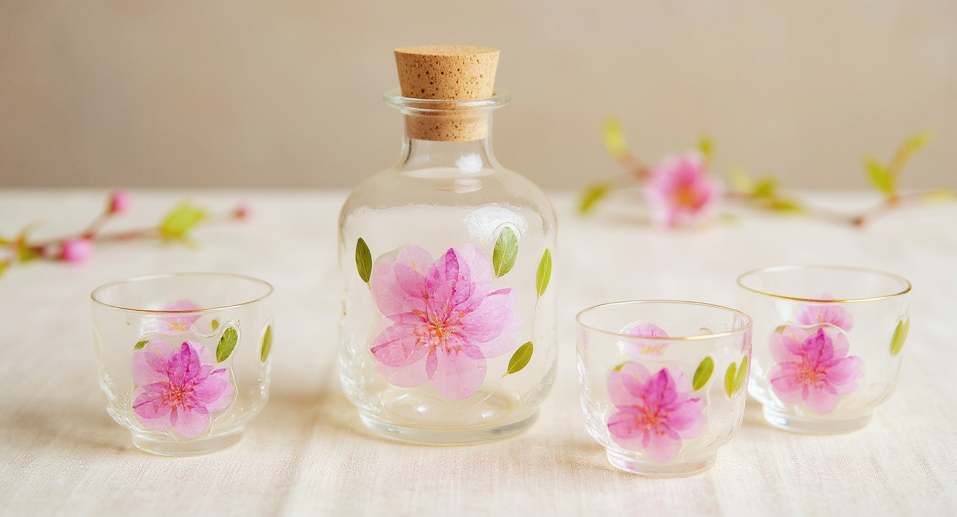 Handcrafted sake set with real peach blossoms displayed with wagashi and washi paper.