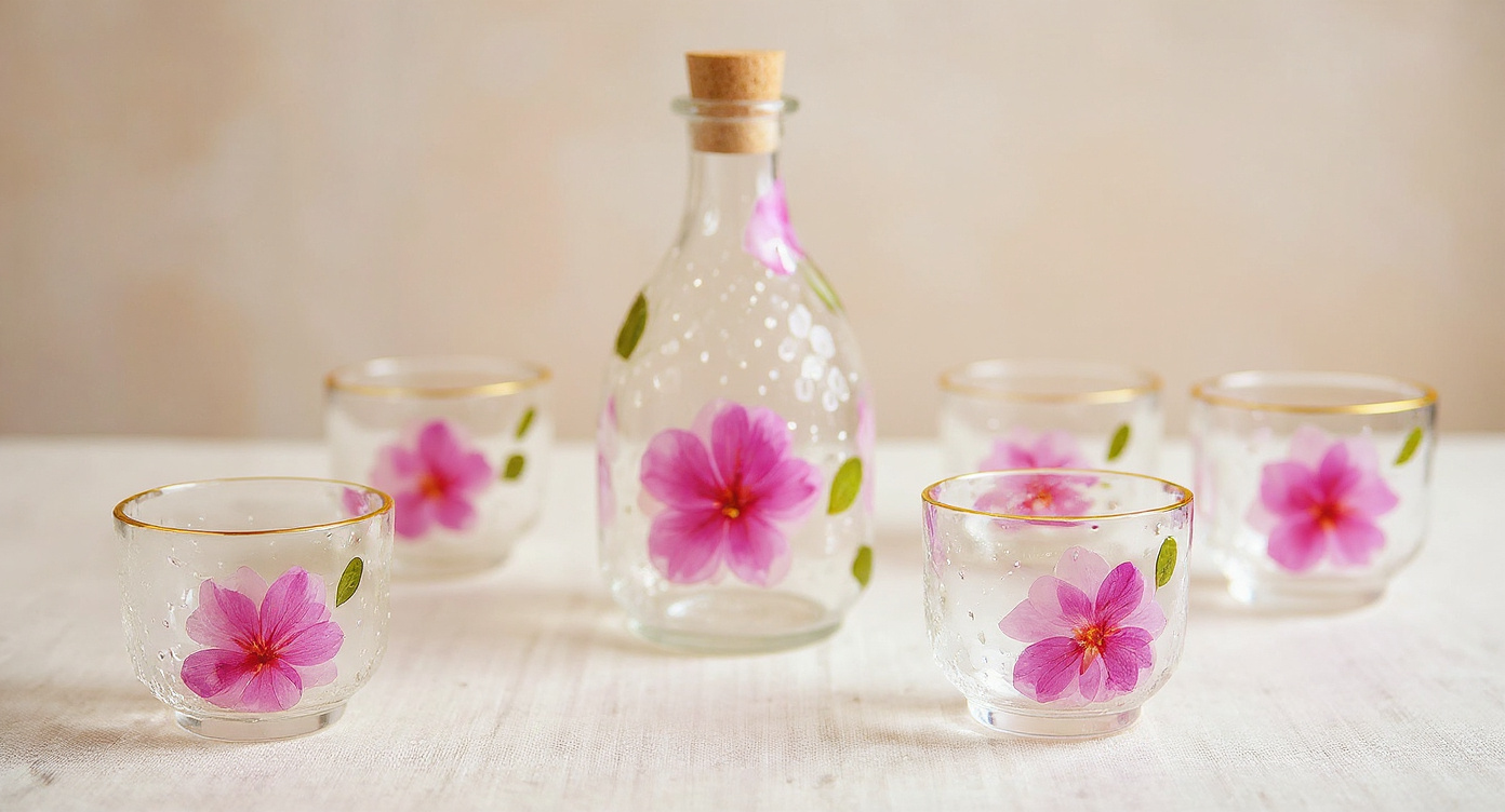 Handcrafted sake set with real peach blossoms and gold rim on marble surface.