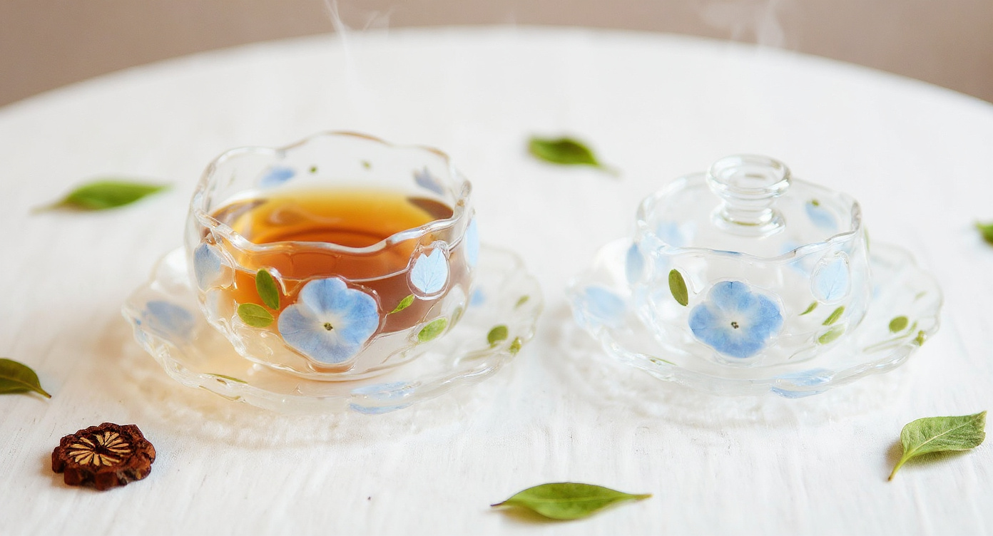 Handmade glass teacup with peacock hydrangea beside steaming herbal pot