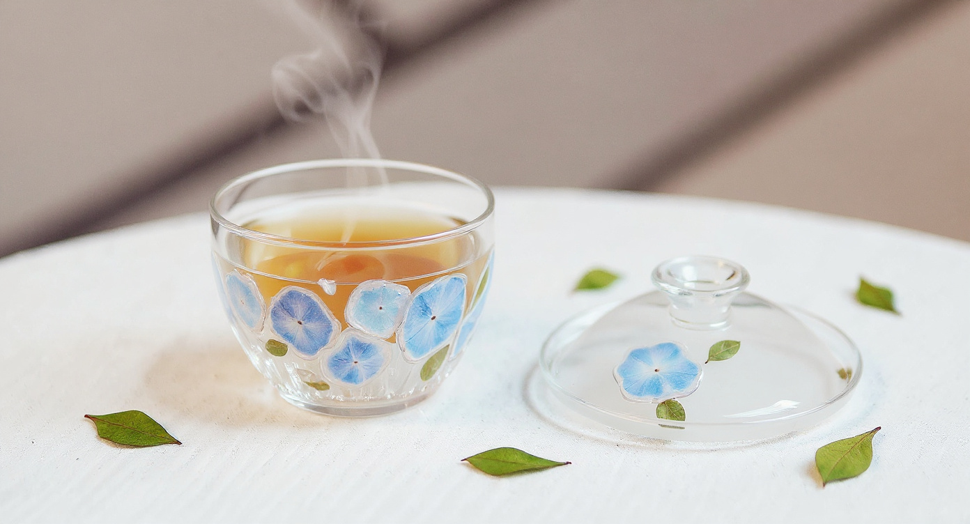 Close-up of Pampasroom handmade glass tea cup with preserved peacock hydrangea texture