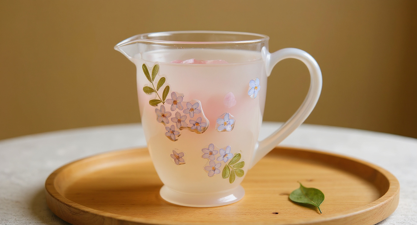 Close-up of Handmade Bone China Fairness Pitcher with Embedded Cherry Blossom Petals