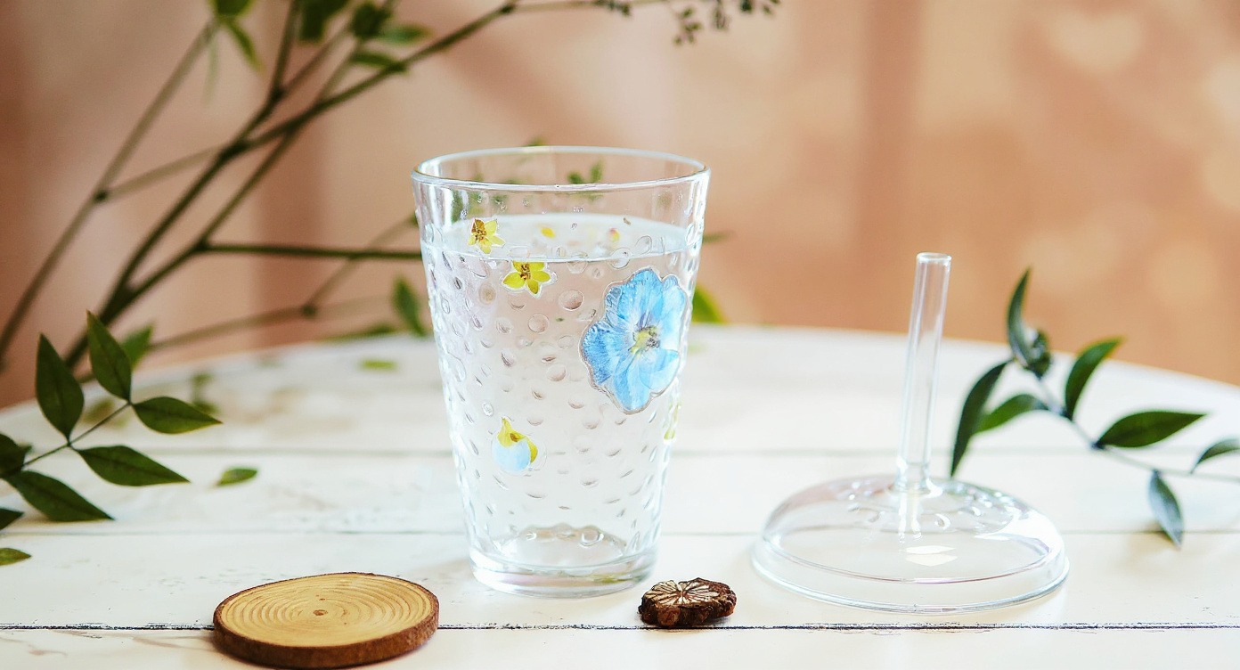 Handmade Floral Glass Cup Real Pressed Flowers with gift box and tag on linen.
