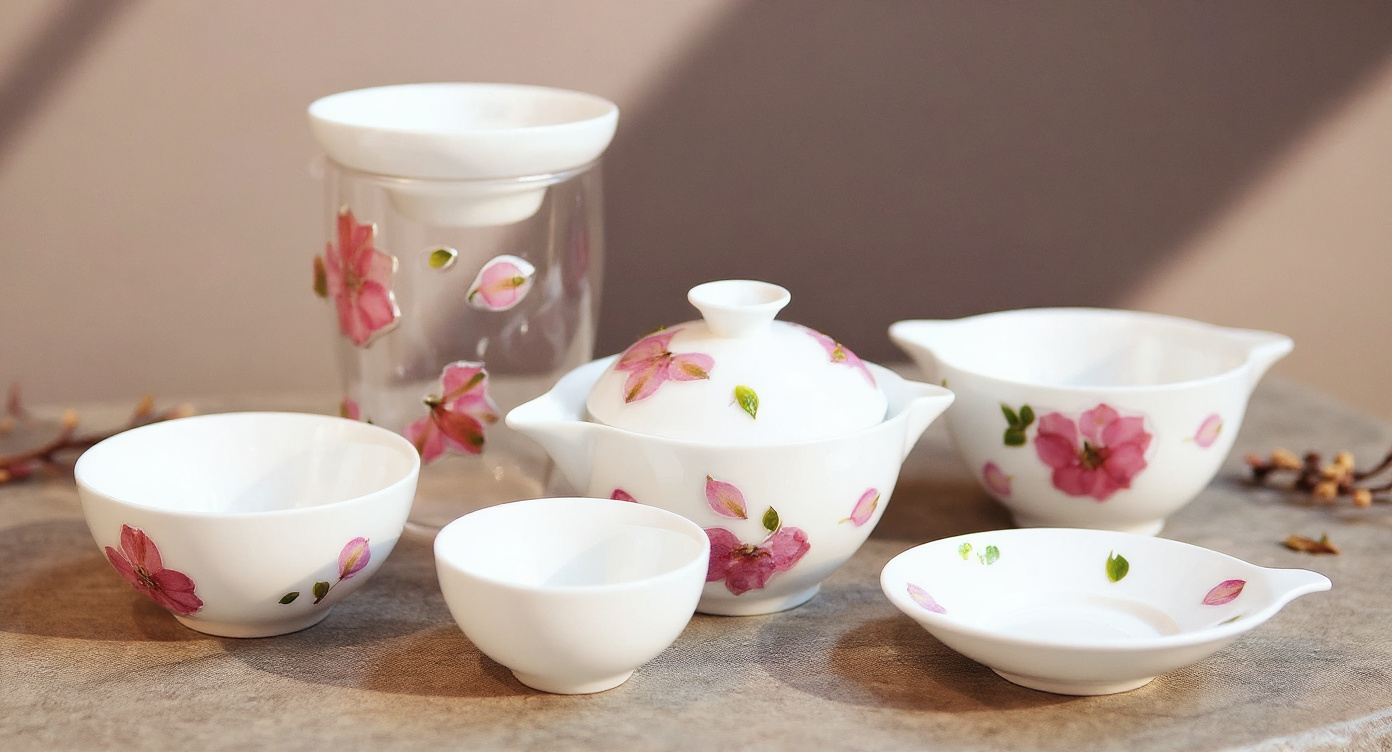 Handmade Porcelain Cherry Blossom Tea Set with gaiwan and cups on slate tea tray