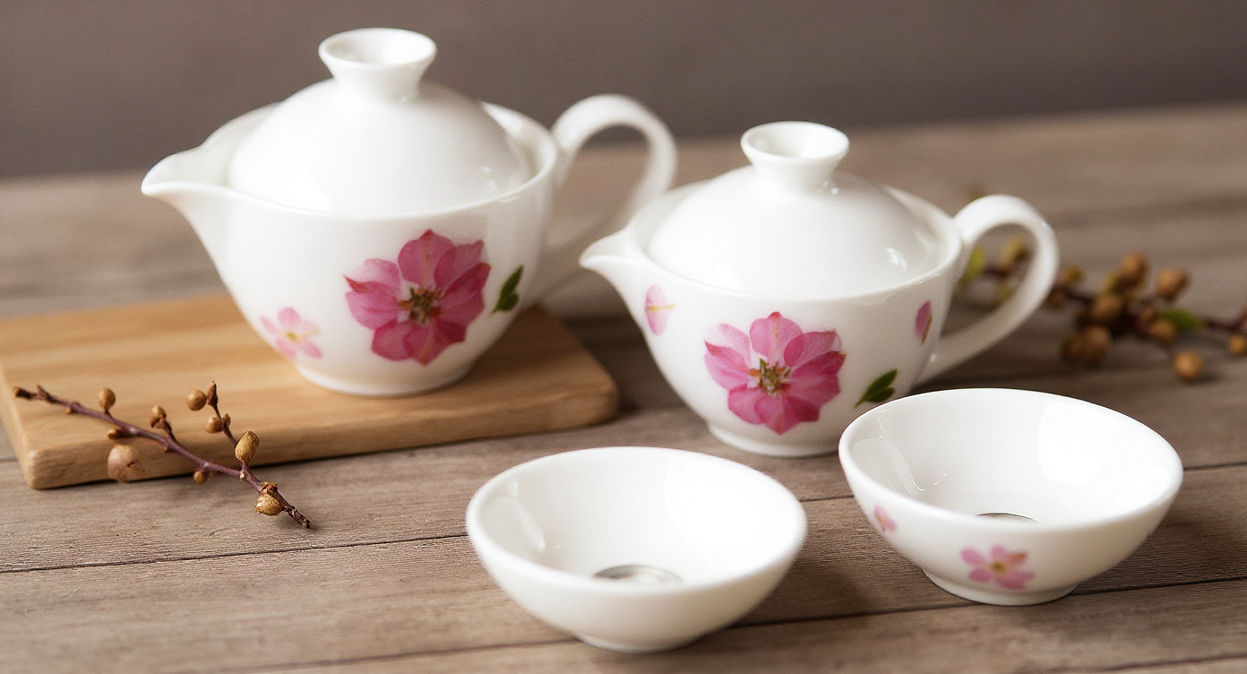 Handmade Porcelain Cherry Blossom Tea Set with fresh cherry blossom branch and petals