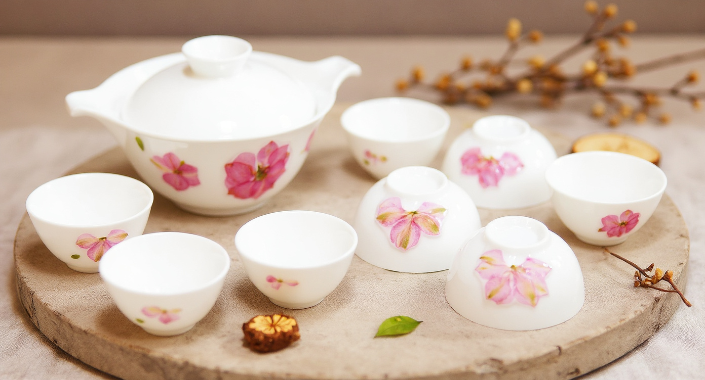 Handmade Porcelain Cherry Blossom Tea Set with steaming tea and glass kettle