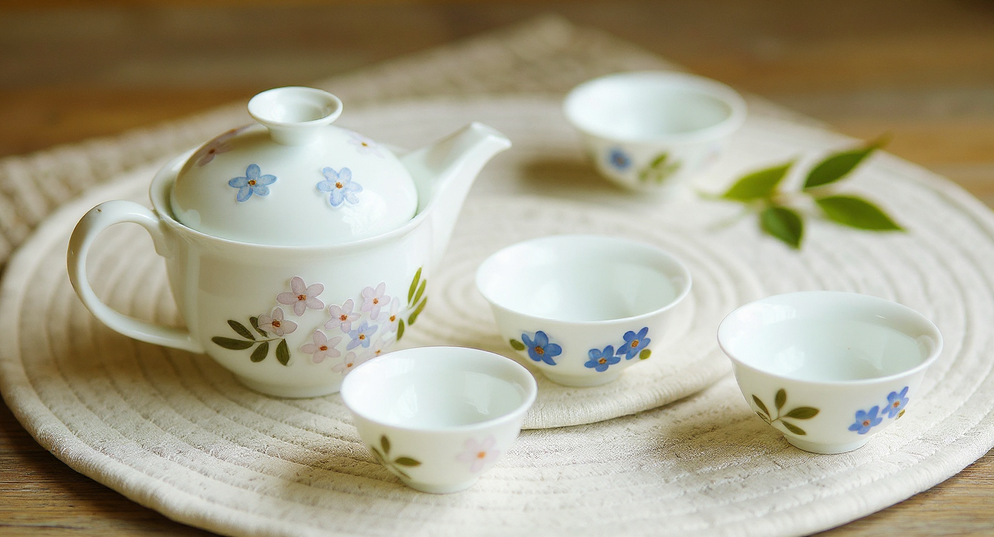 Gongfu tea set with embedded flowers on oak tray with incense holder in soft light