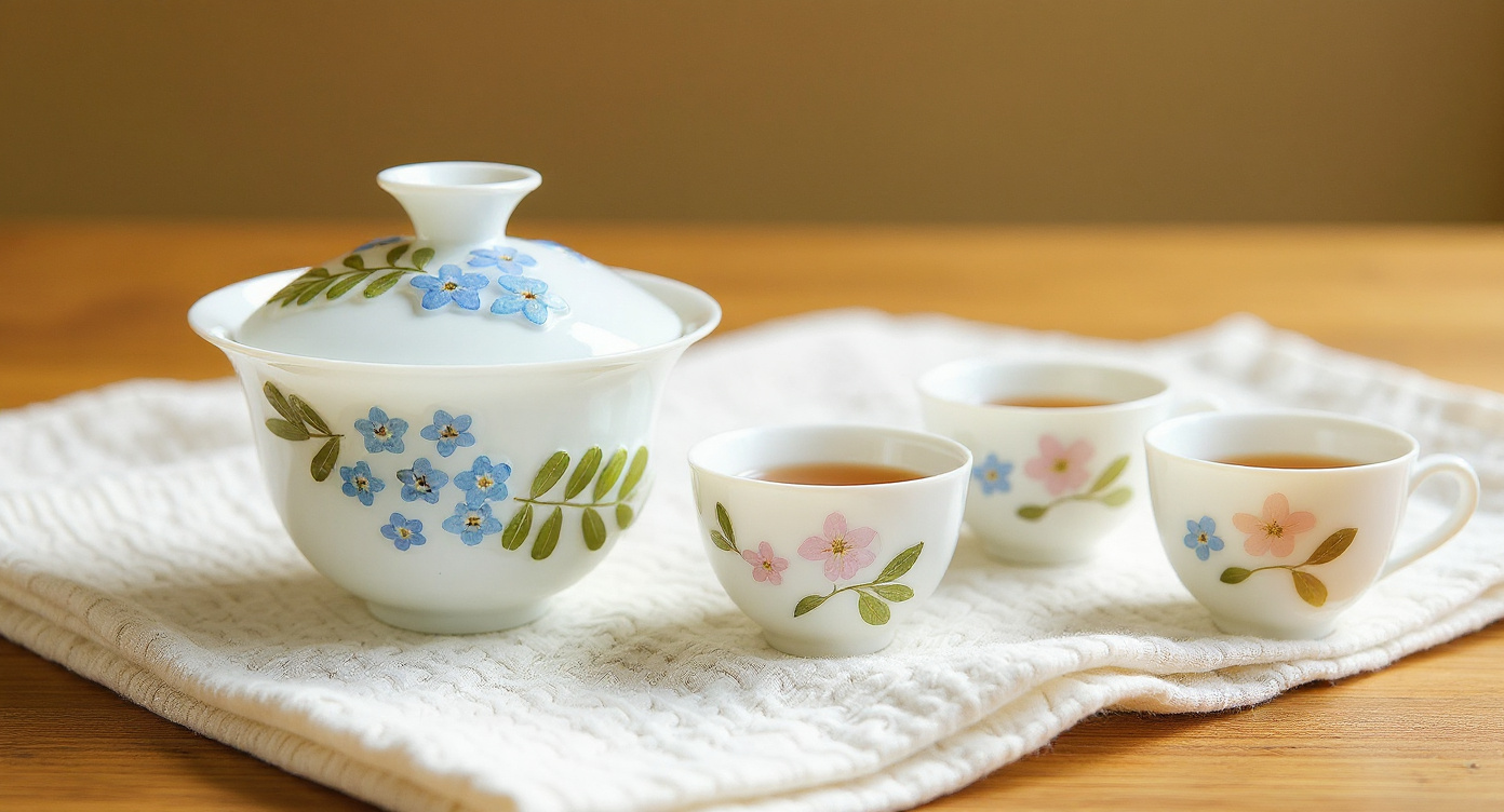 Handmade bone china tea set with preserved flowers styled on undyed cotton cloth