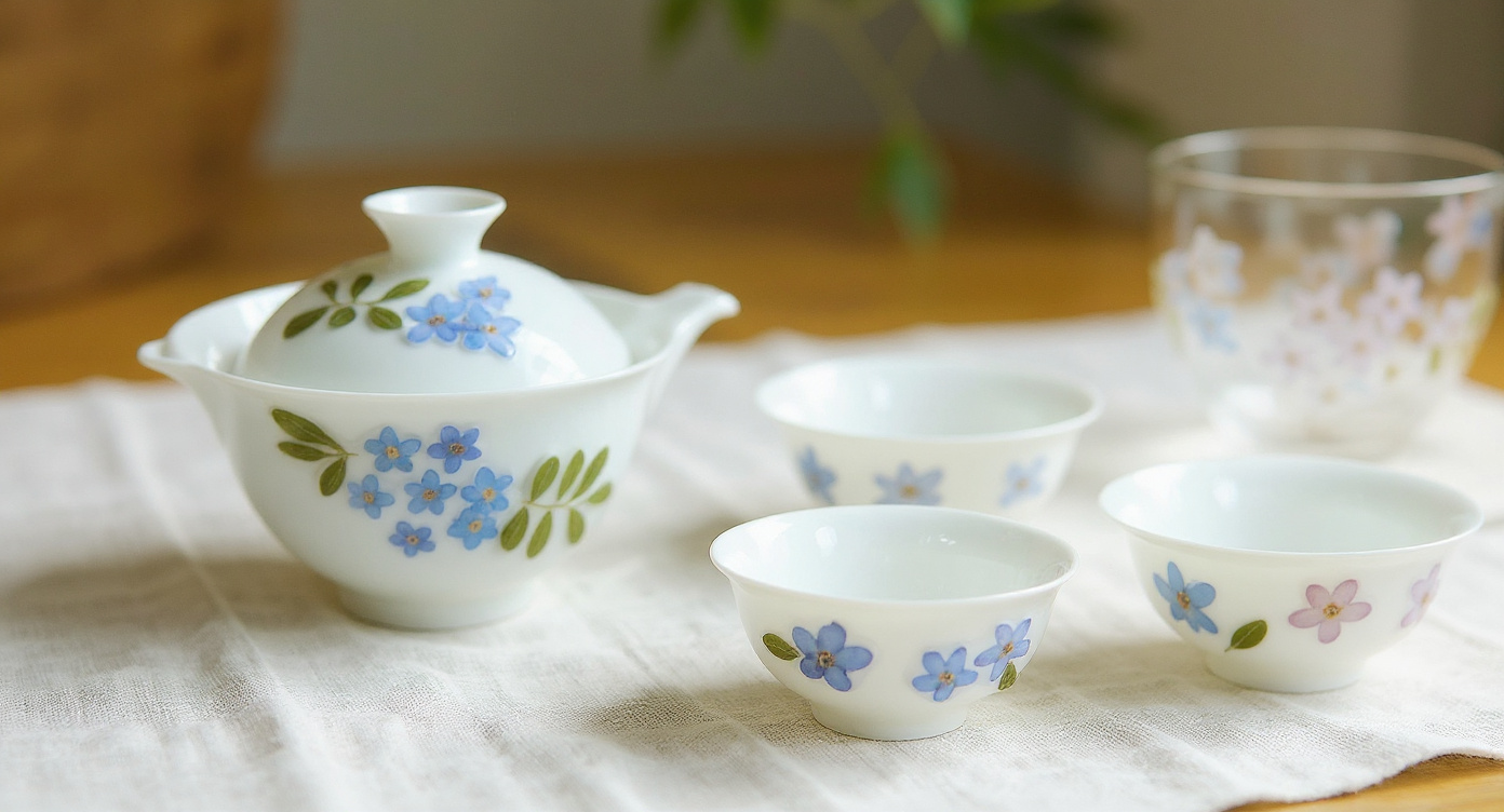 Close-up of handmade bone china gaiwan with embedded preserved flower petals