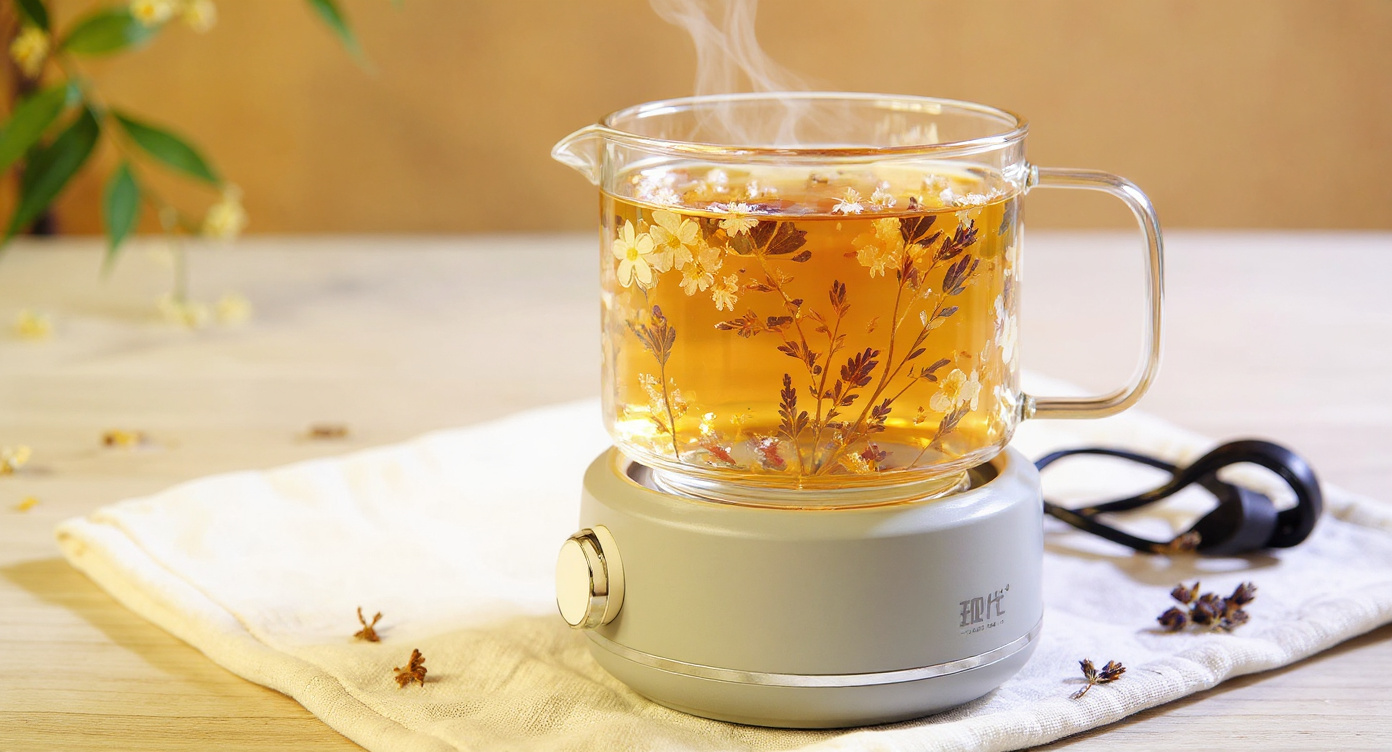 Handmade Floral Glass Electric Tea Cup Set on wooden tray with journal and loose leaf tea.