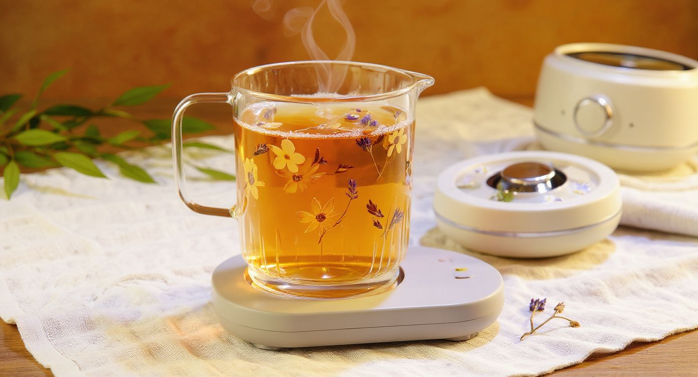 Handmade Floral Glass Electric Tea Cup Set with dried botanicals and warming base on cotton runner.