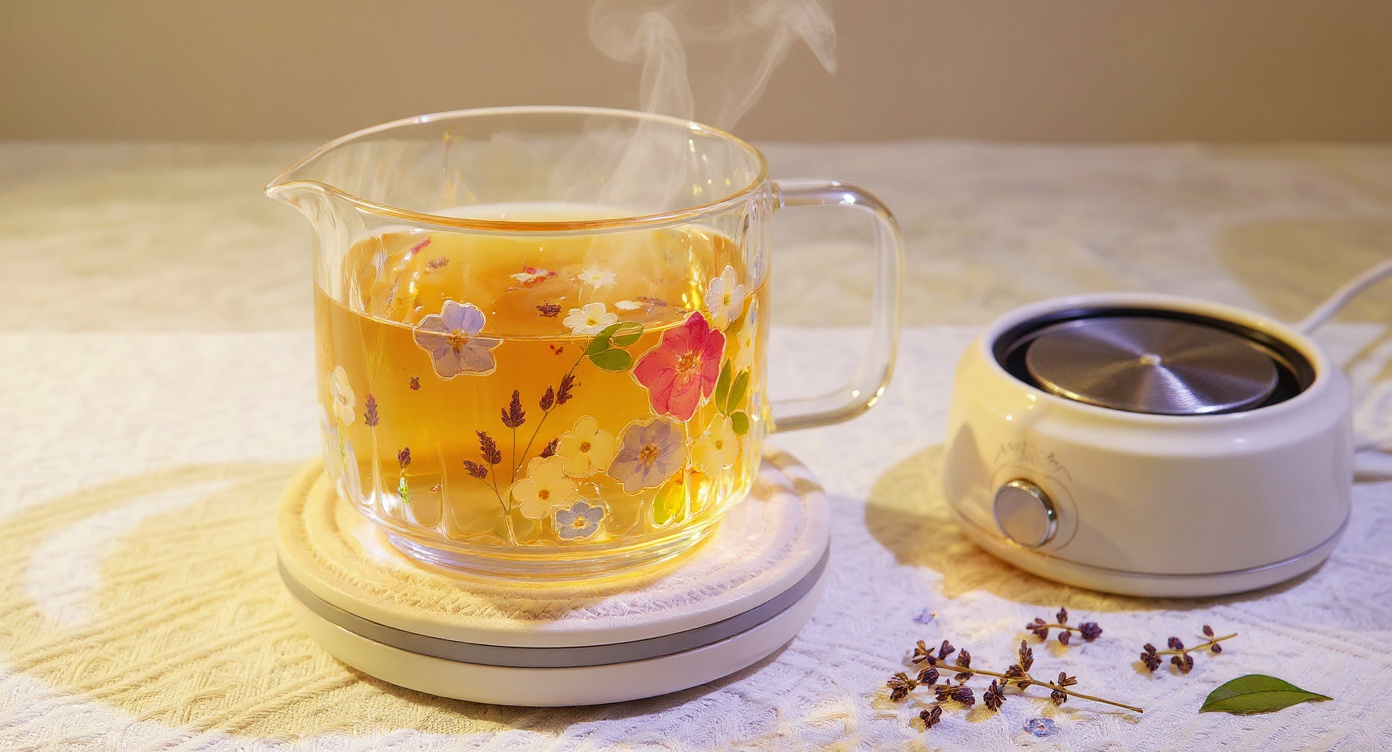Handmade Floral Glass Electric Tea Cup Set displayed on slate board with journal and tea jar.