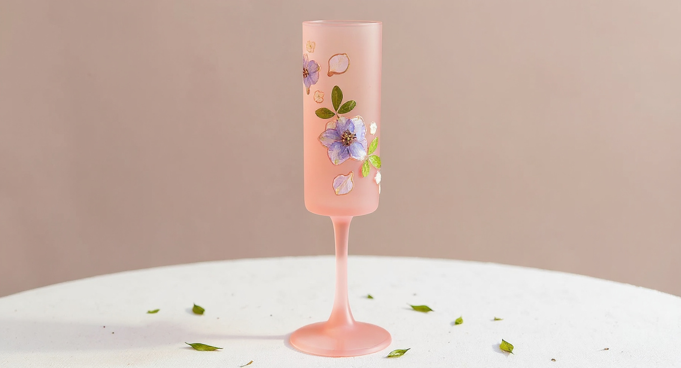 Frosted pink sakura wine glass beside chilled rosé bottle on pink linen runner.