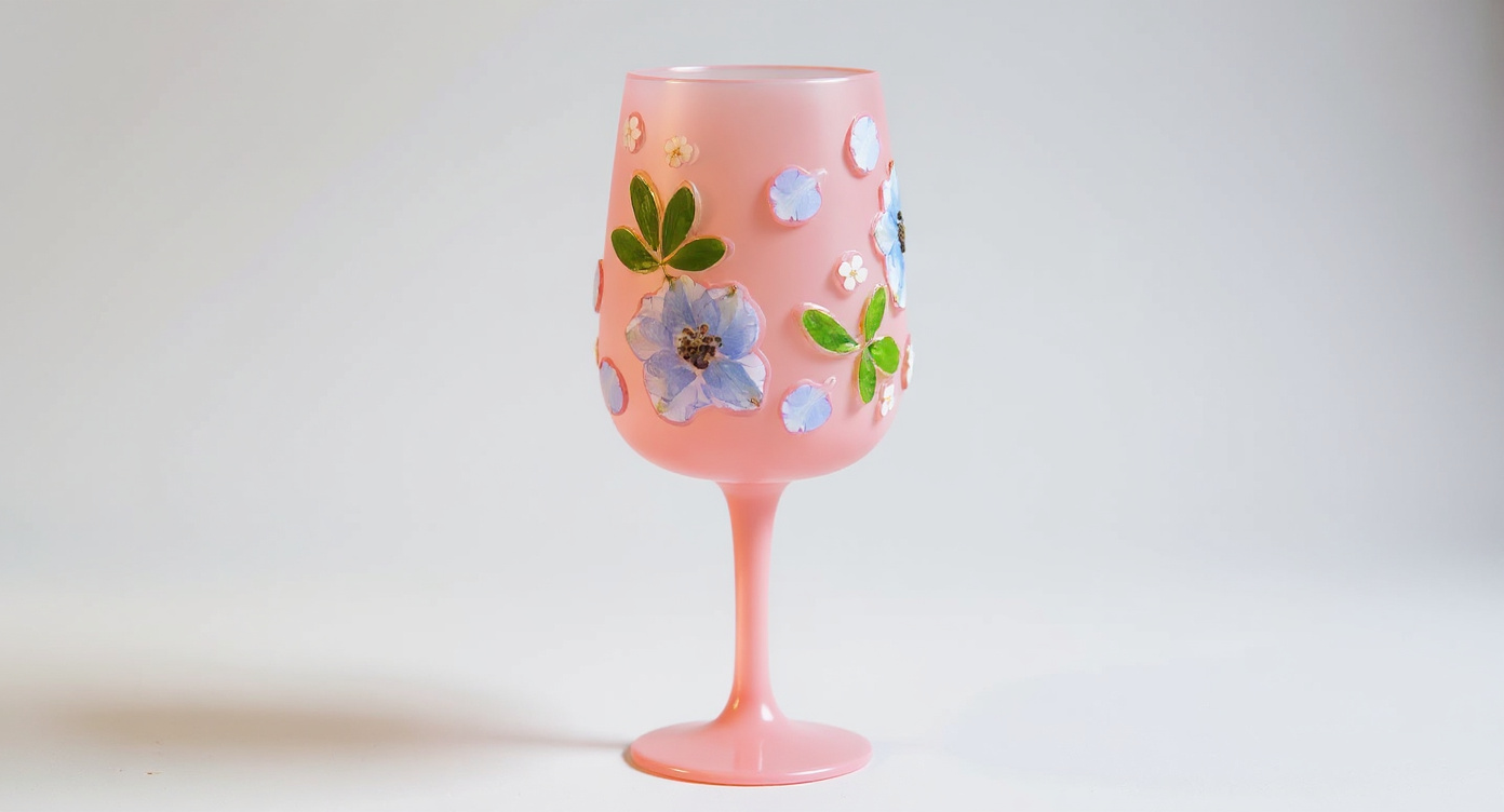 Handmade frosted pink sakura wine glass displayed with cherry blossom branches on marble.