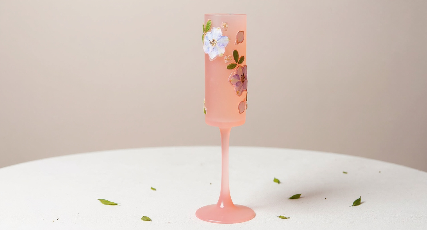 Frosted pink sakura wine glass with gold cutlery and white napkin on pink linen.