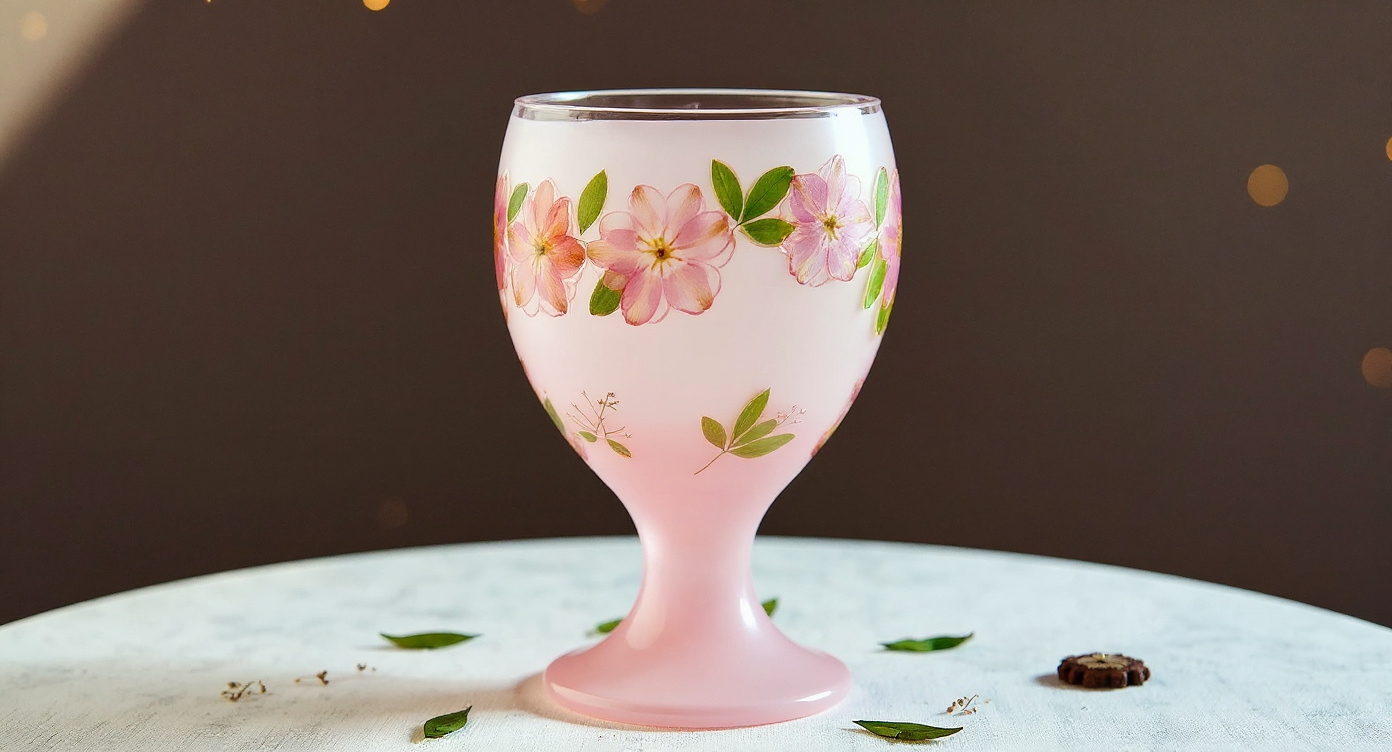Handcrafted Pink Ombre Stem Glass beside eco kraft gift box on linen tablecloth