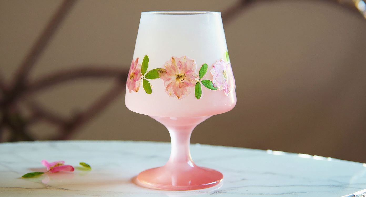 Handcrafted Pink Ombre Stem Glass holding blush floral tea with ceramic dish
