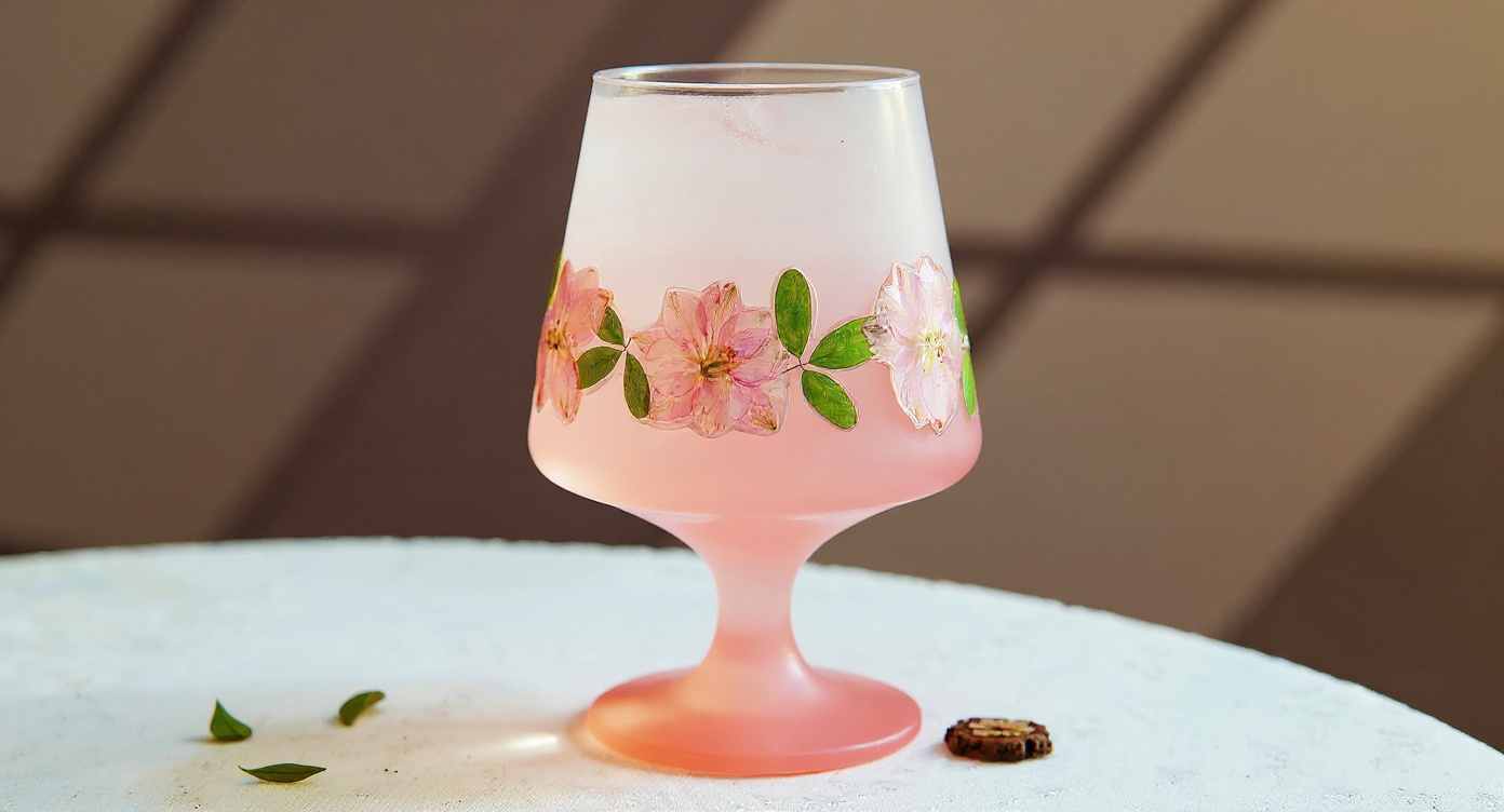Handcrafted Pink Ombre Stem Glass with vintage gold cutlery and ceramic dish