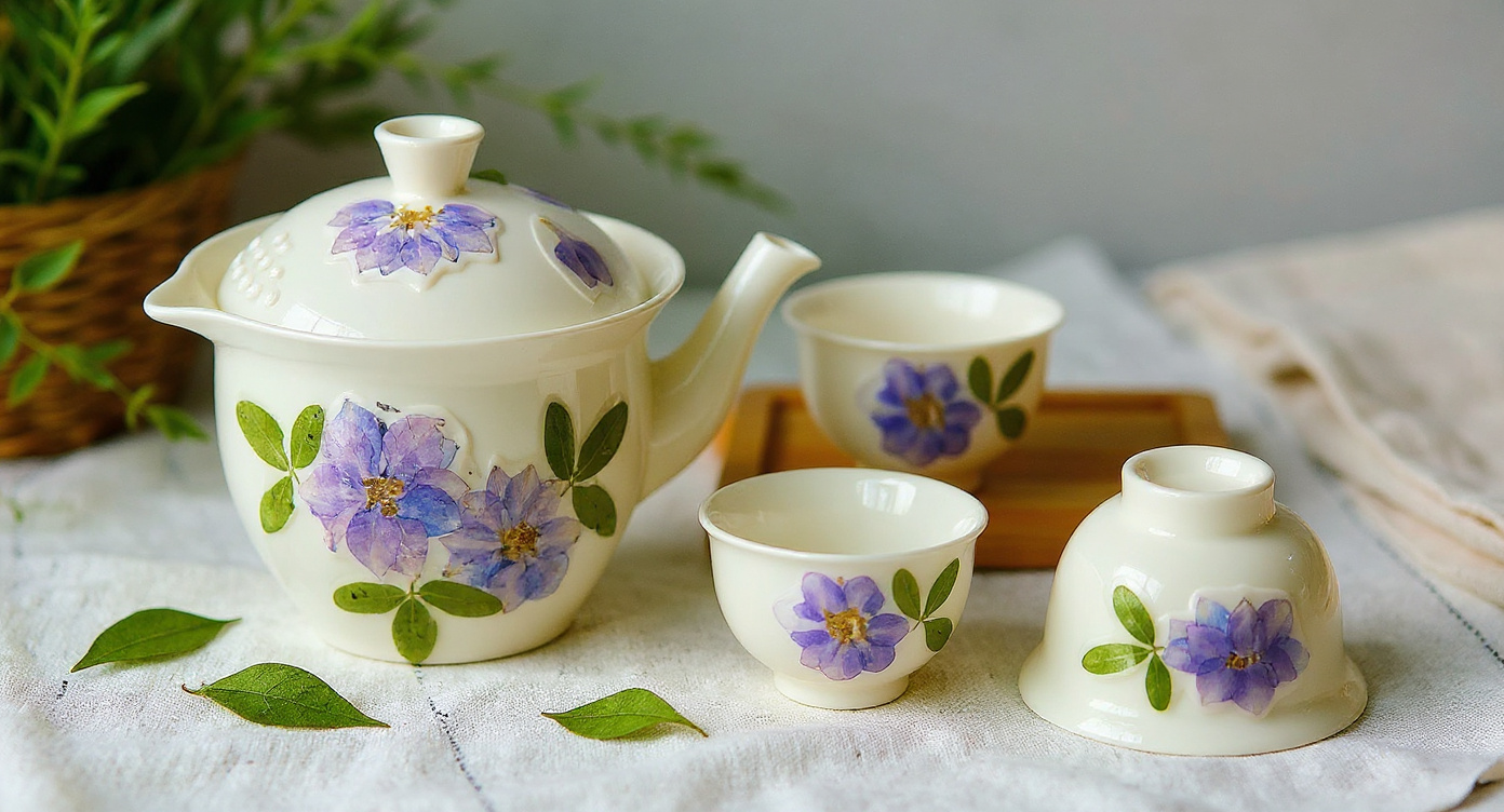 Preserved flower porcelain tea set with pampas grass on sage linen