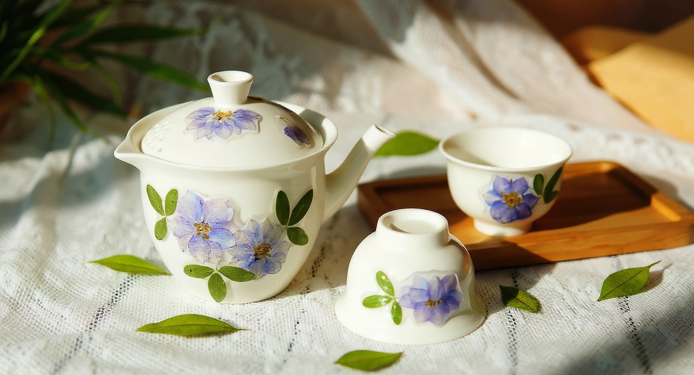 Top view of handmade porcelain gaiwan set with pressed flowers